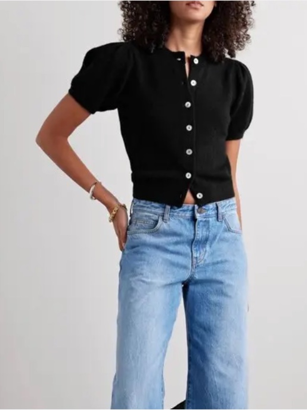 Doen Anisa Knitted Cardigan Size XS Wool Blend Puff Sleeve Crop Black